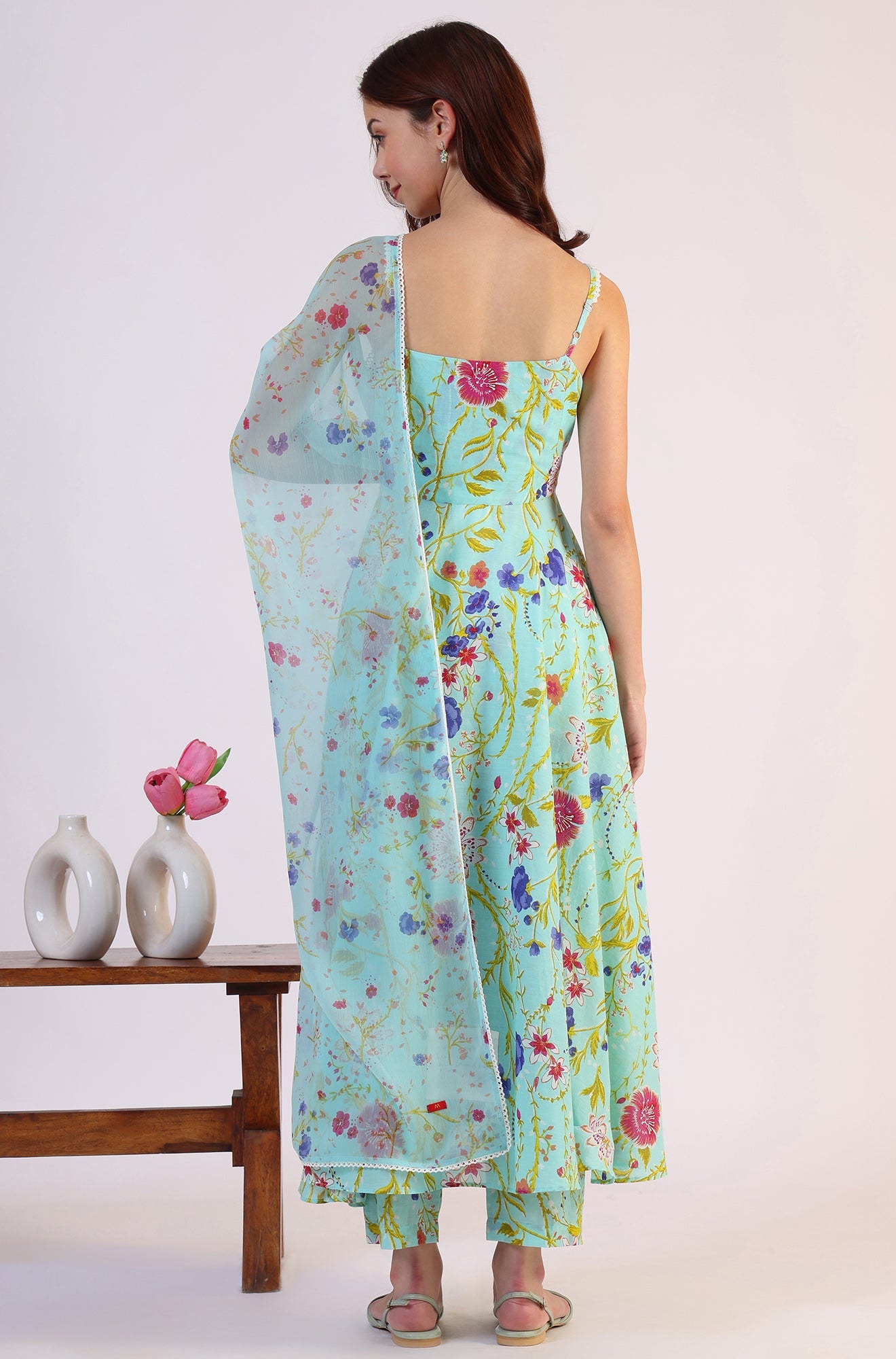 Floral Printed Lace Flared Pure Cotton Kurta &amp; Straight Pant with Dupatta Set