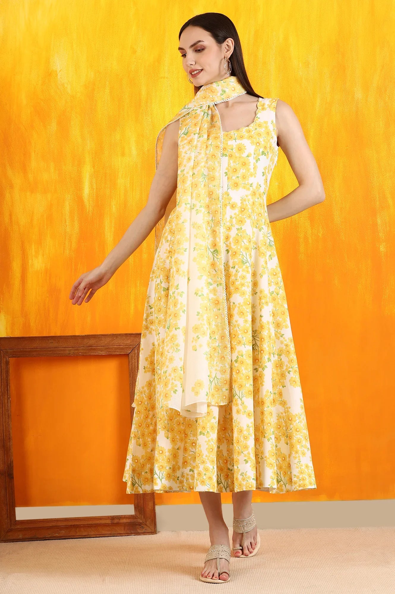 White and Yellow Sunflower Printed Pure Cotton Anarkali Kurta and Dupatta Set