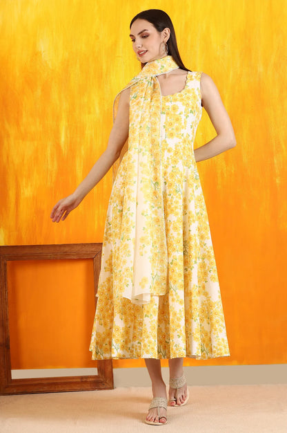 White and Yellow Sunflower Printed Pure Cotton Anarkali Kurta and Dupatta Set