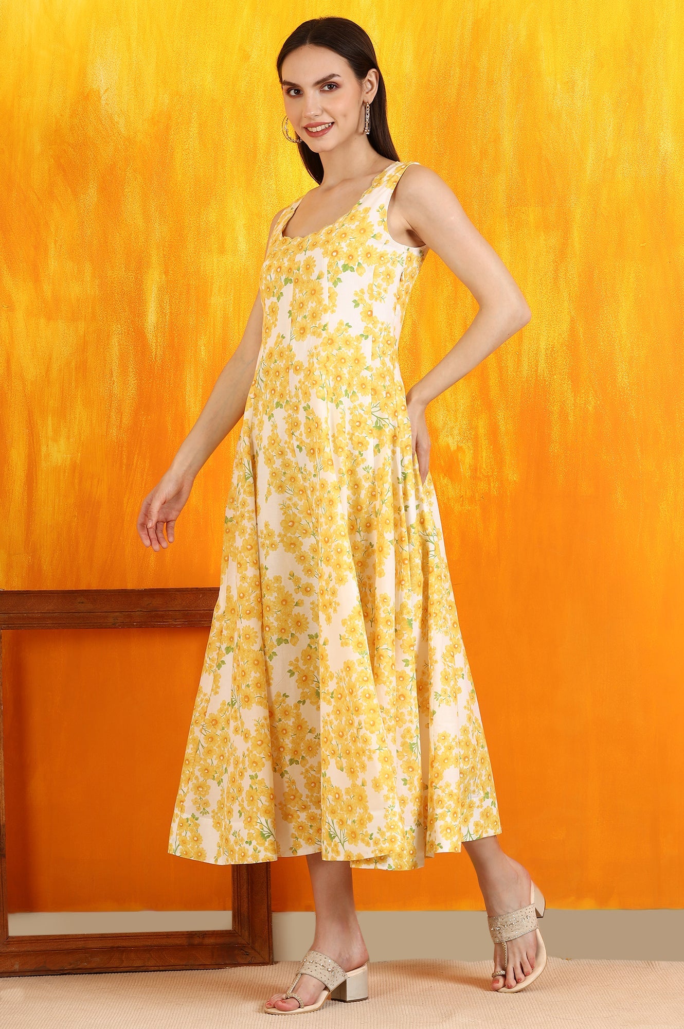 White and Yellow Sunflower Printed Pure Cotton Anarkali Kurta and Dupatta Set