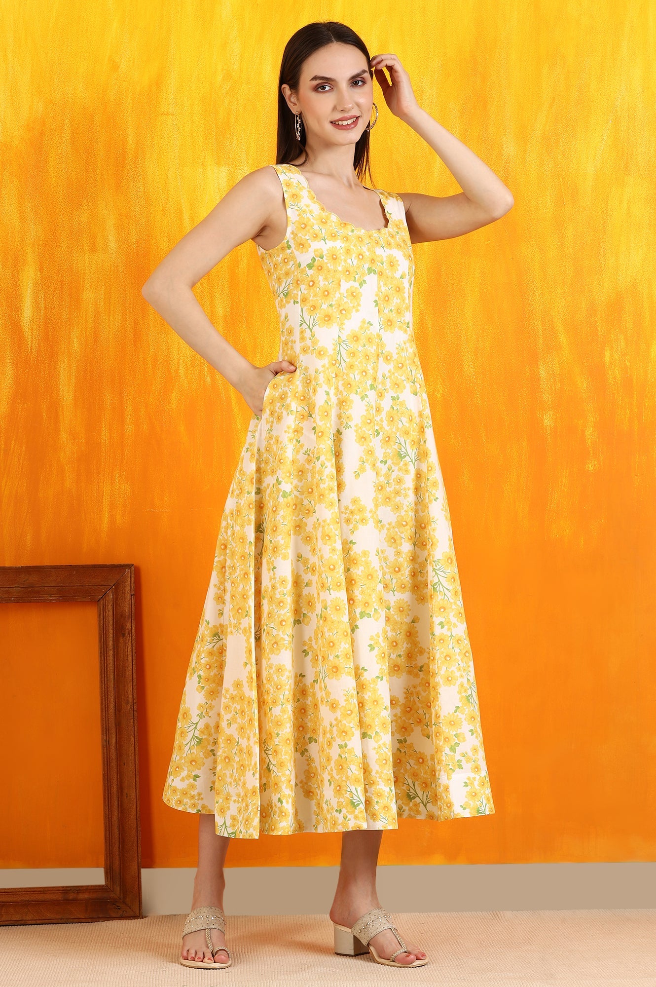 White and Yellow Sunflower Printed Pure Cotton Anarkali Kurta and Dupatta Set