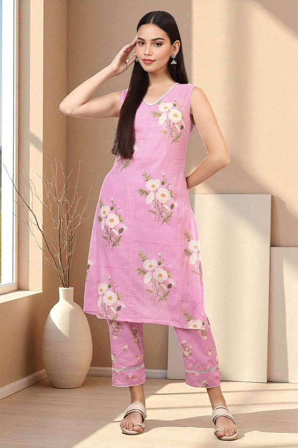 Lilac Floral Printed Pure Cotton Straight Kurta and Pants Co-ord Set