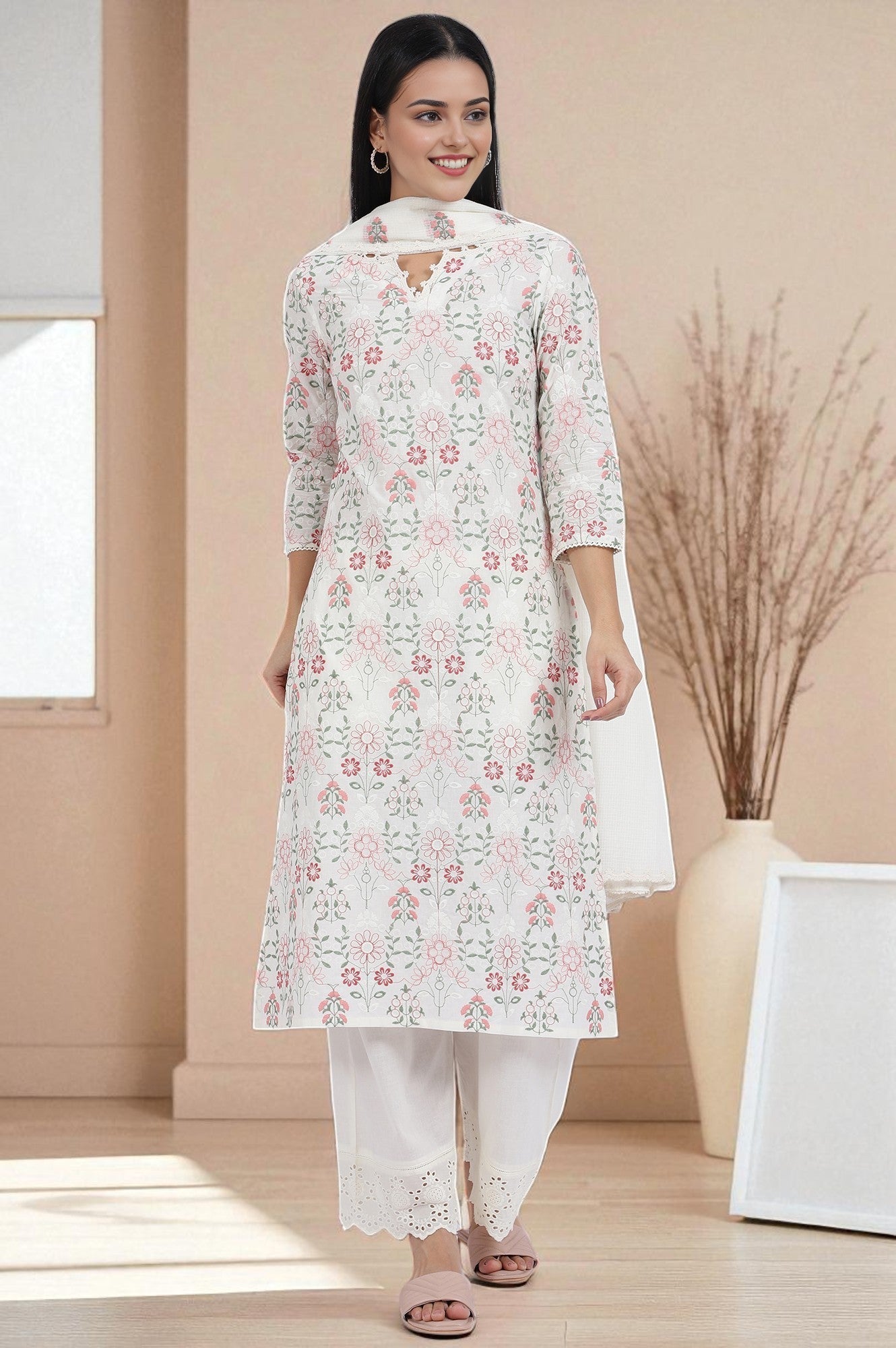 White Flora Printed Lace Pure Cotton Straight Kurta &amp; Parallel Pants With Dupatta Set