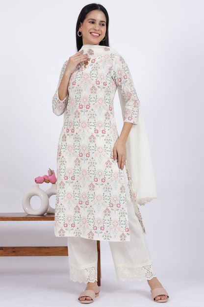 White Flora Printed Lace Pure Cotton Straight Kurta &amp; Parallel Pants With Dupatta Set