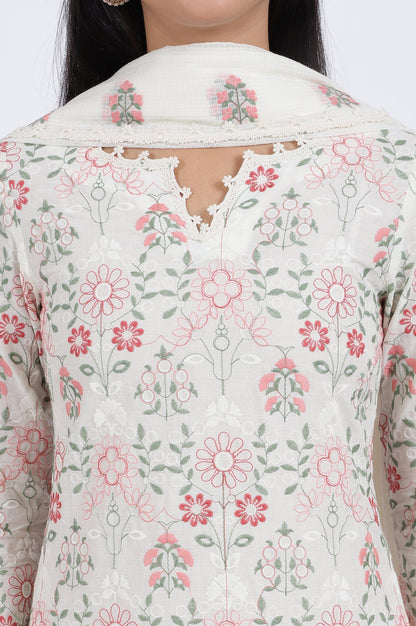 White Flora Printed Lace Pure Cotton Straight Kurta &amp; Parallel Pants With Dupatta Set