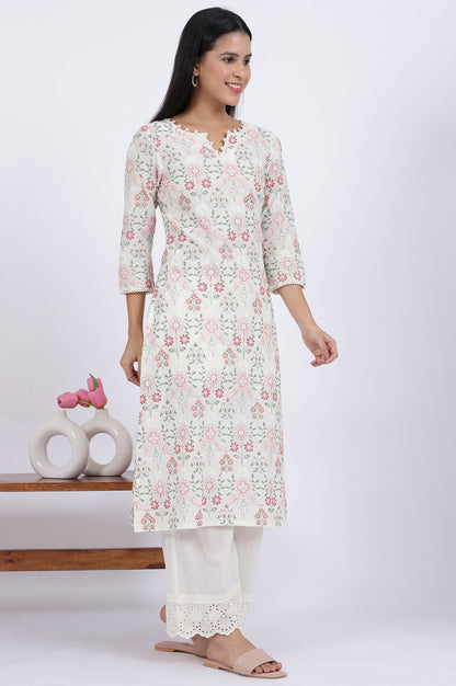 White Flora Printed Lace Pure Cotton Straight Kurta &amp; Parallel Pants With Dupatta Set