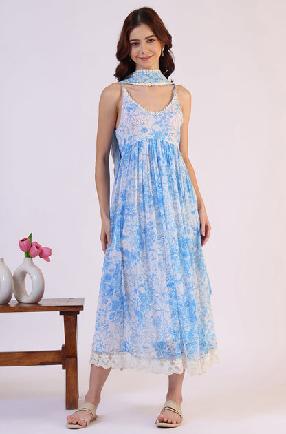 Floral Printed Lace Flared Chiffon Spaghetti Kurta with Dupatta Set