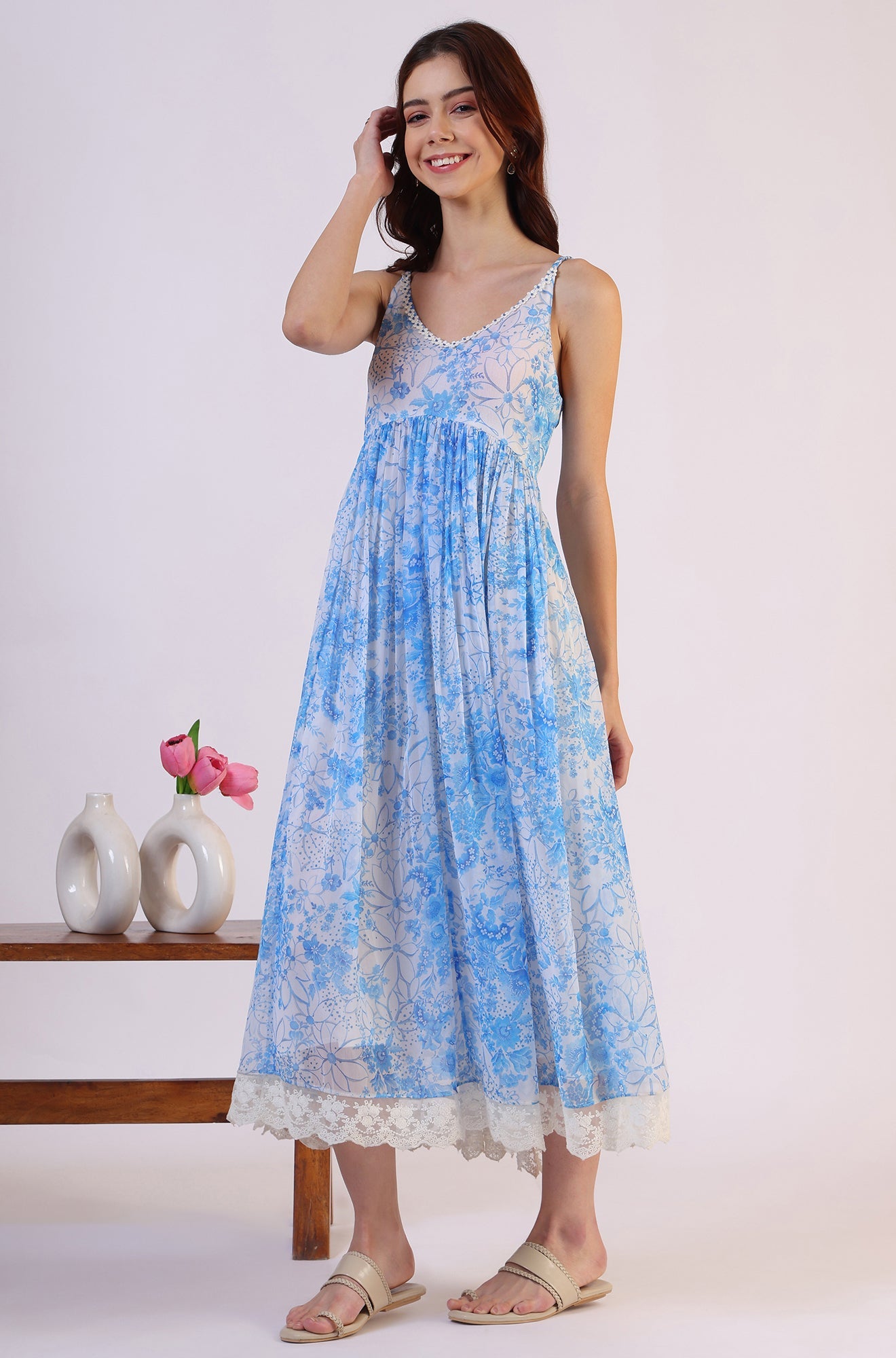Floral Printed Lace Flared Chiffon Spaghetti Kurta with Dupatta Set