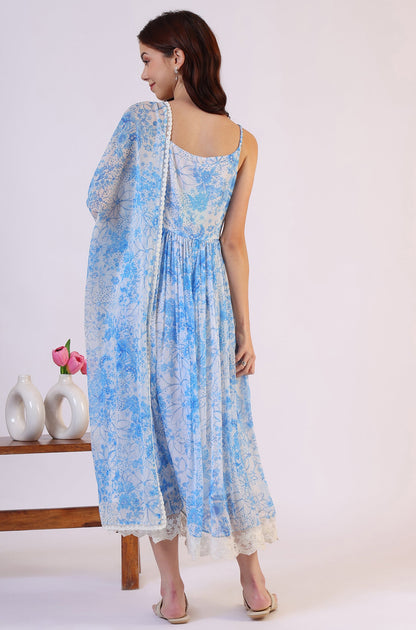 Floral Printed Lace Flared Chiffon Spaghetti Kurta with Dupatta Set