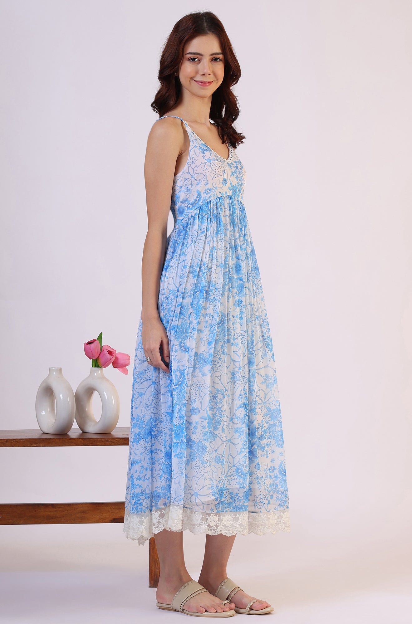 Floral Printed Lace Flared Chiffon Spaghetti Kurta with Dupatta Set
