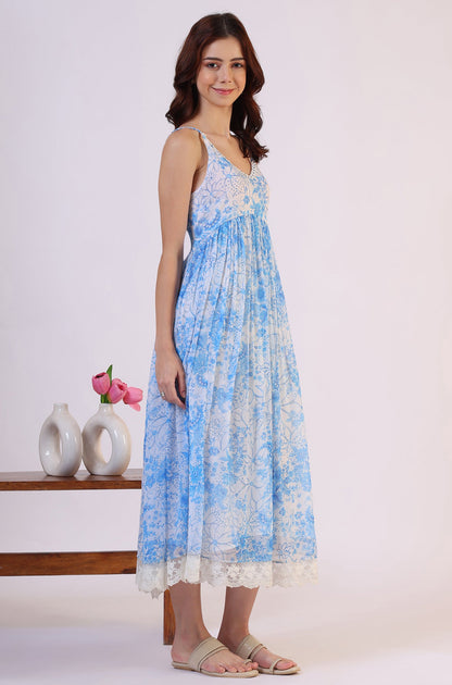 Floral Printed Lace Flared Chiffon Spaghetti Kurta with Dupatta Set