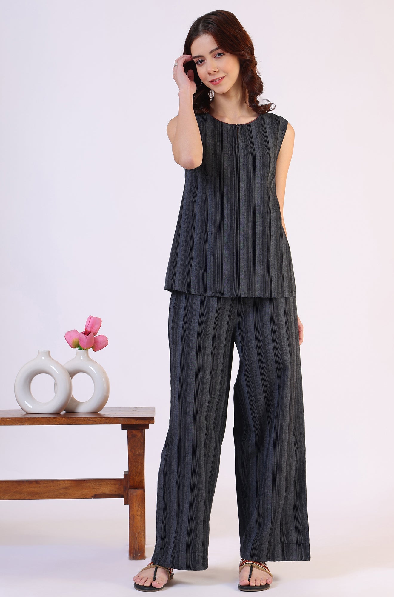 Black Yarn Dyed Striped Sleeveless Top and Pants Co-ord Set