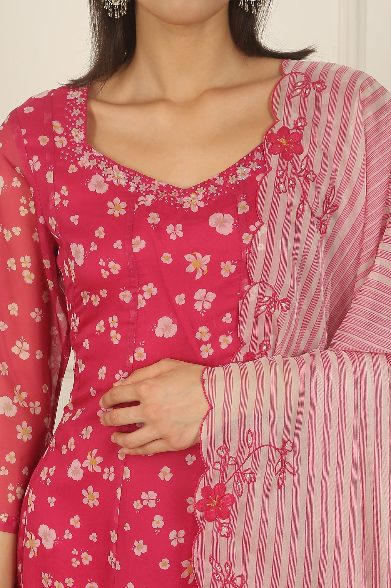 Pink Floral Printed Organza Anarkali Kurta, Pants and Dupatta Set