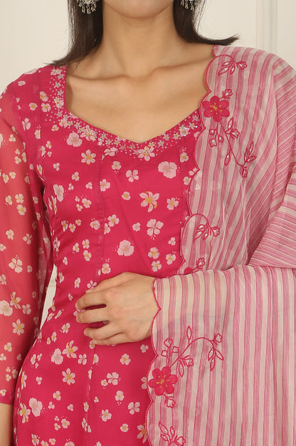 Pink Floral Printed Organza Anarkali Kurta, Pants and Dupatta Set