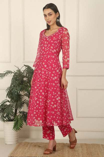 Pink Floral Printed Organza Anarkali Kurta, Pants and Dupatta Set