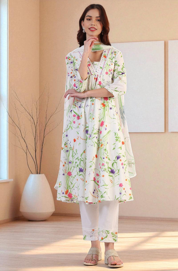 White Floral Printed Swiss Dot Textured Anarkali Kurta, Straight Pants and Dupatta Set