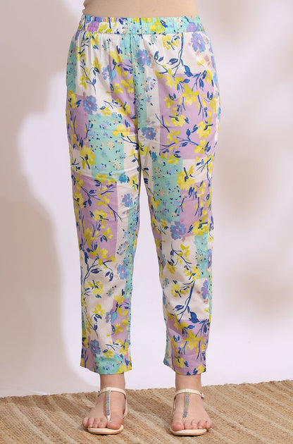 White Floral Printed Flared Pure Cotton Kurta and Pants Co-ord Set