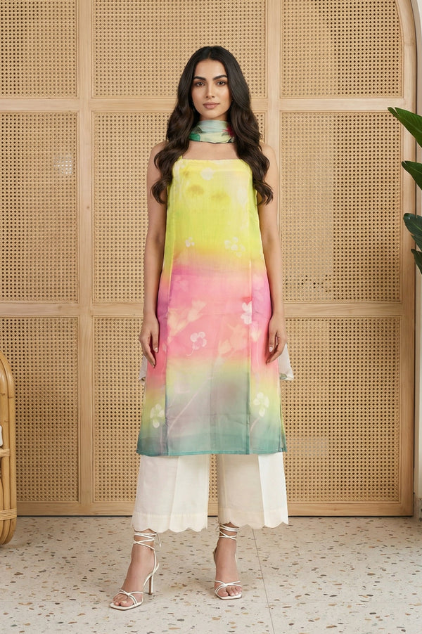 Multicolor Floral Printed Straight Kurta with Flared Pants and Dupatta Set