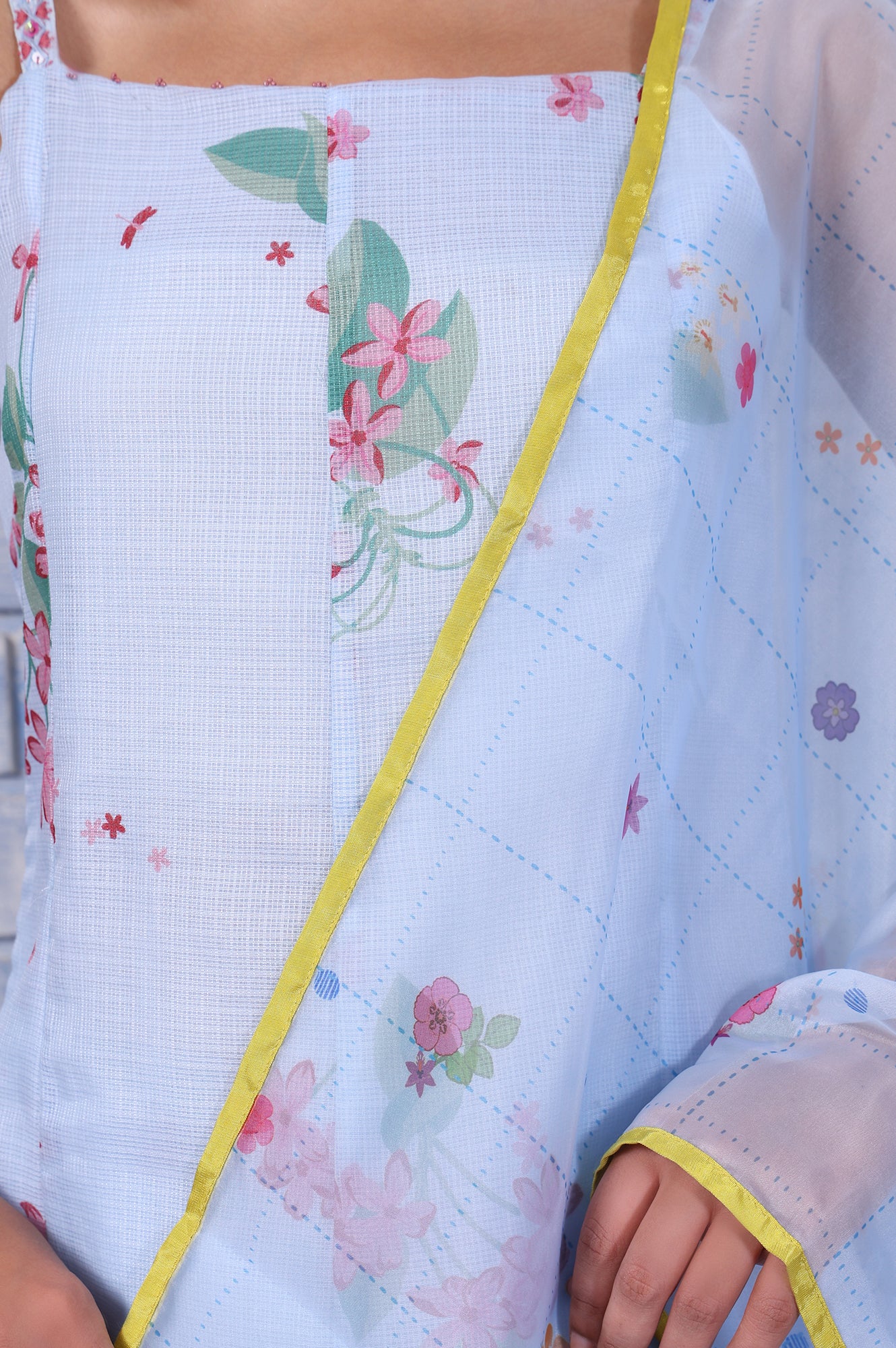 Blue Floral Printed Thread Embroidered Kota Flared Kurta, Flared Pant And Dupatta Set