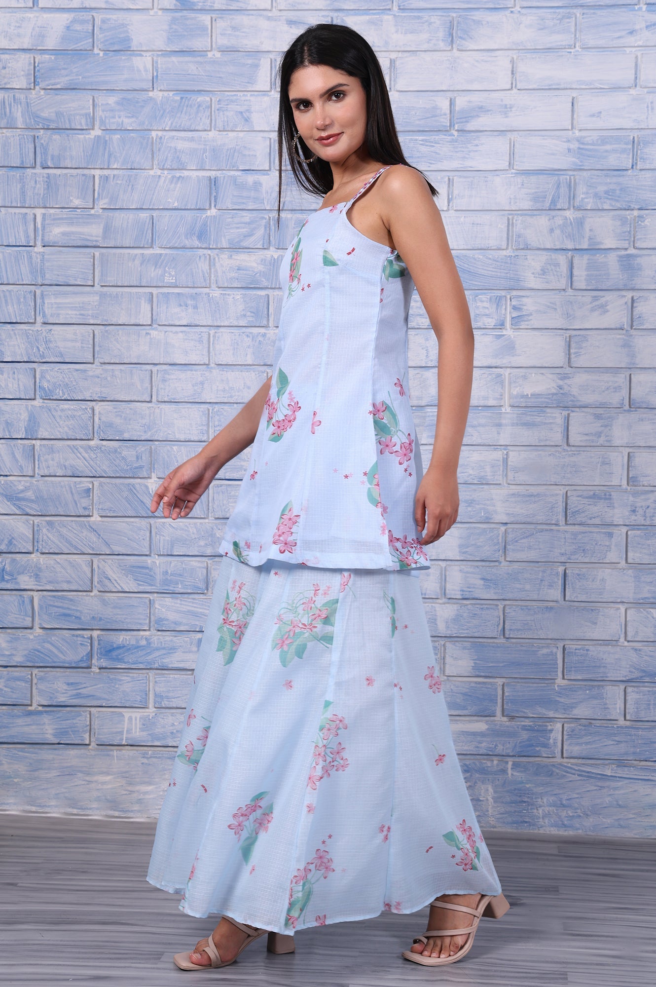 Blue Floral Printed Thread Embroidered Kota Flared Kurta, Flared Pant And Dupatta Set