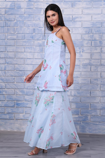 Blue Floral Printed Thread Embroidered Kota Flared Kurta, Flared Pant And Dupatta Set