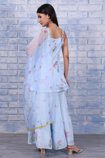 Blue Floral Printed Thread Embroidered Kota Flared Kurta, Flared Pant And Dupatta Set