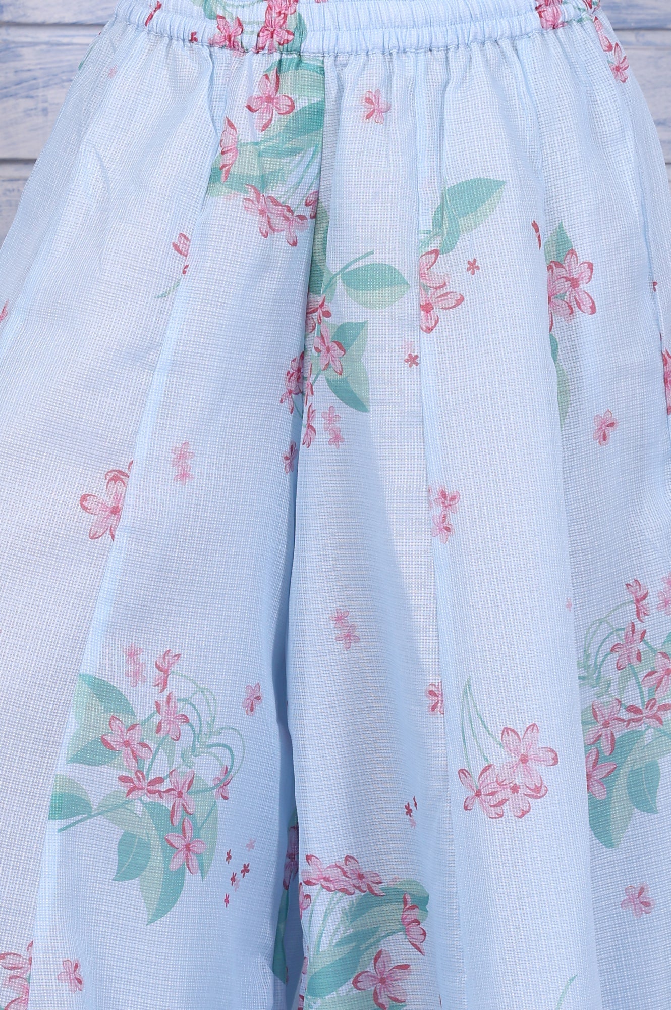 Blue Floral Printed Thread Embroidered Kota Flared Kurta, Flared Pant And Dupatta Set