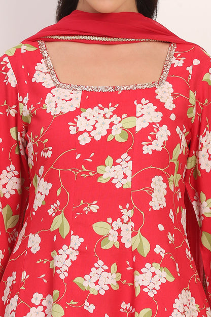 Red Floral Printed Embellished Modal Flared Short Kurta, Flared Pant and Dupatta Set