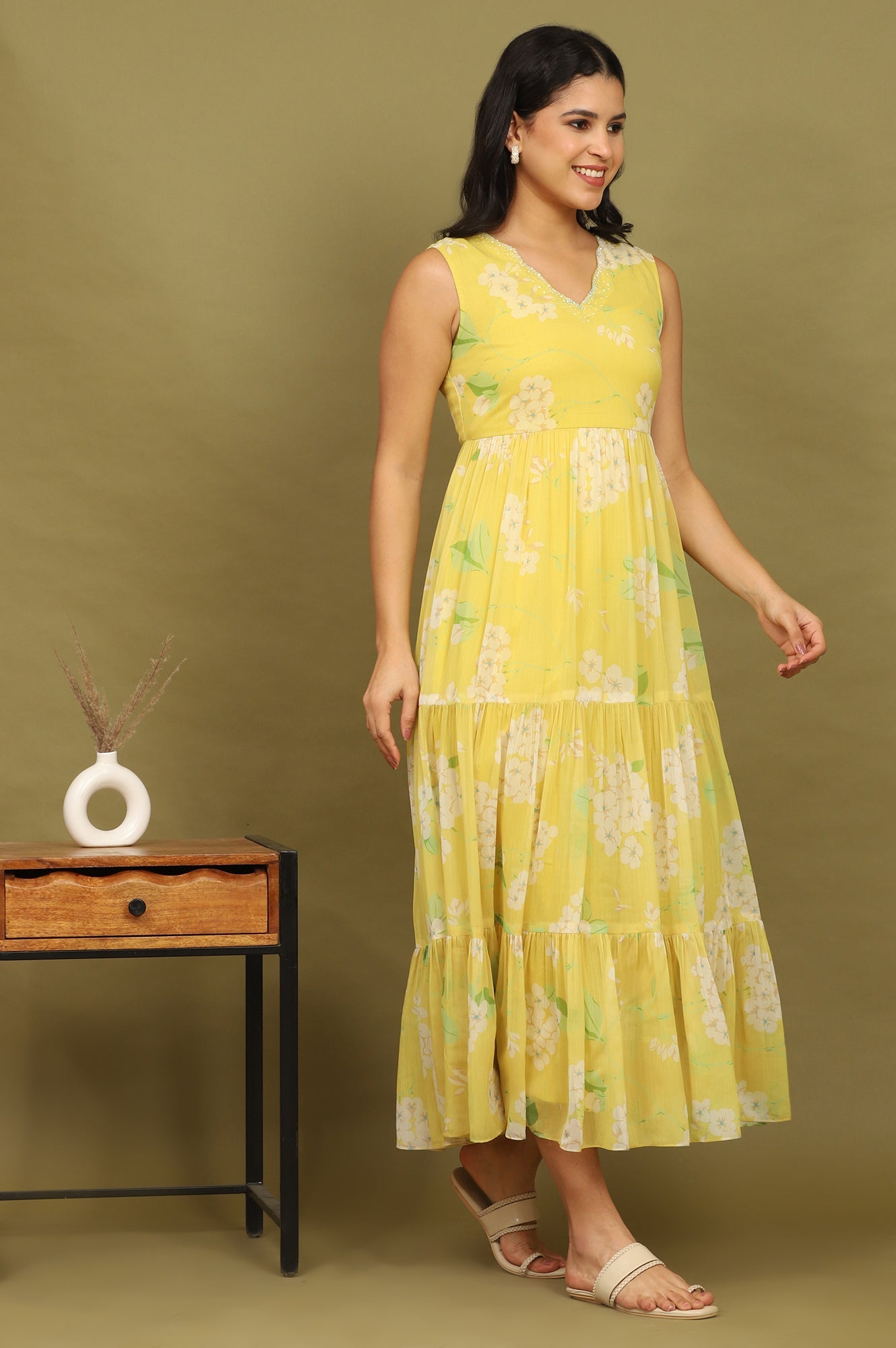 Yellow Floral Printed Tiered Dress and Dupatta Set