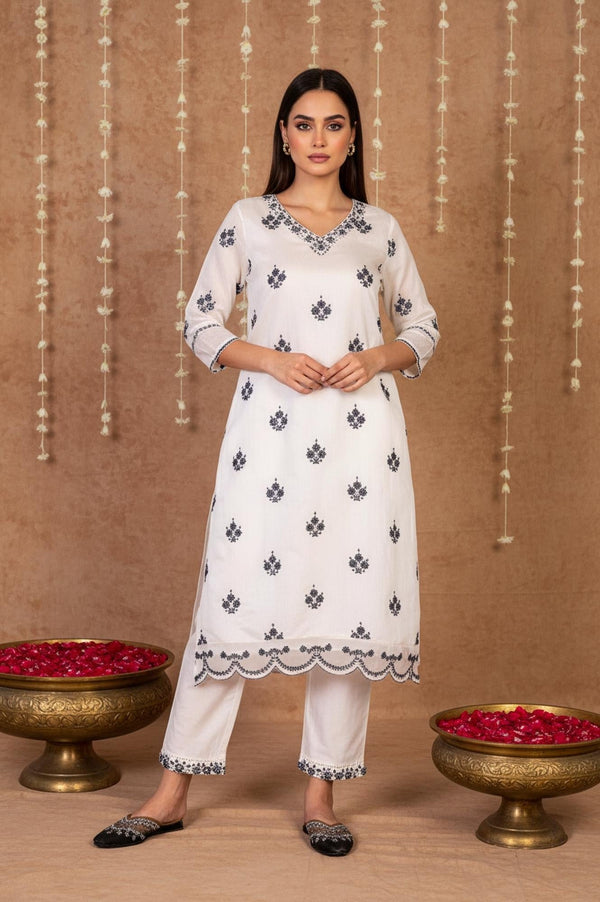 White Mirror Work Embroidered Straight Chanderi Kurta with Pant Set