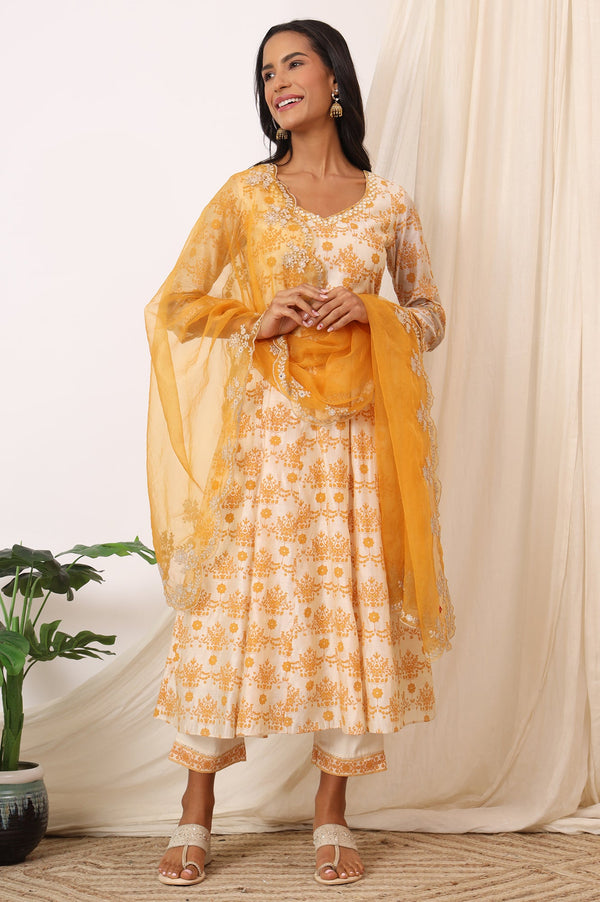 Cream and Yellow Printed Chanderi Anarkali Kurta, Pants and Dupatta Set