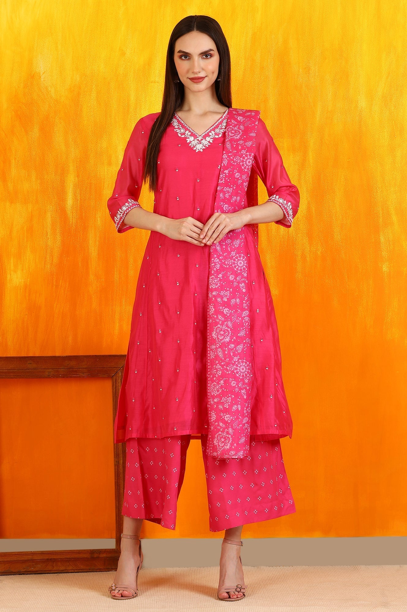 Pink Embroidered Chanderi Panelled Kurta, Cropped Pants and Dupatta Set_1