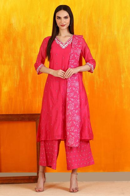 Pink Embroidered Chanderi Panelled Kurta, Cropped Pants and Dupatta Set_1