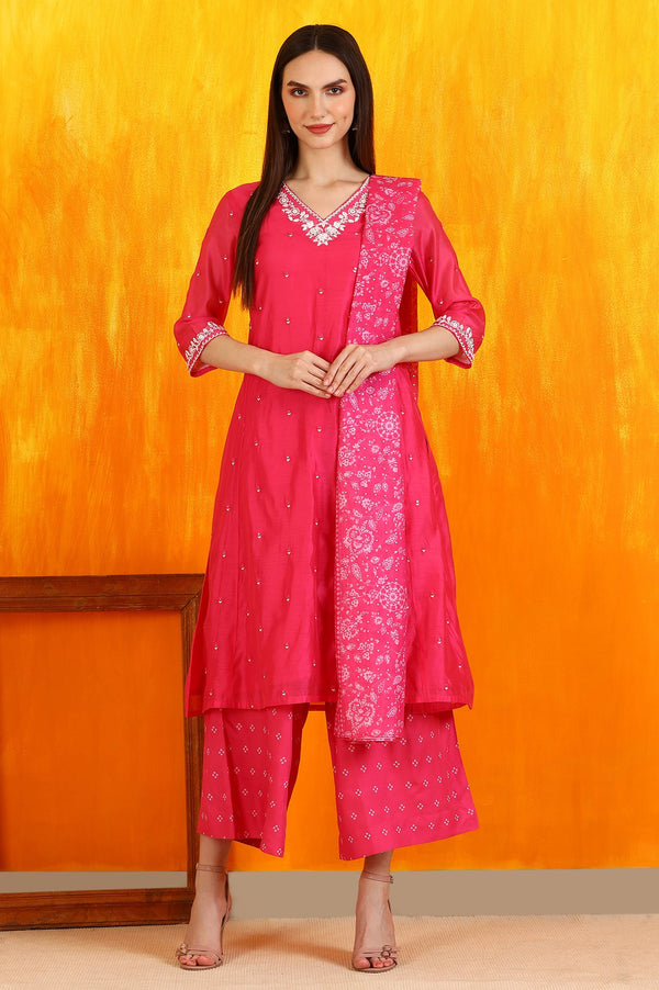 Pink Embroidered Chanderi Panelled Kurta, Cropped Pants and Dupatta Set