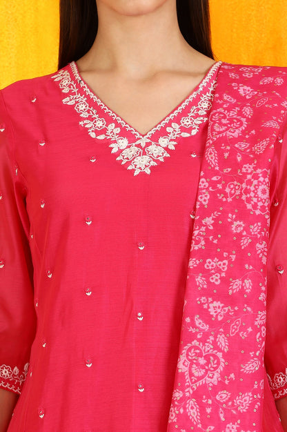 Pink Embroidered Chanderi Panelled Kurta, Cropped Pants and Dupatta Set_3