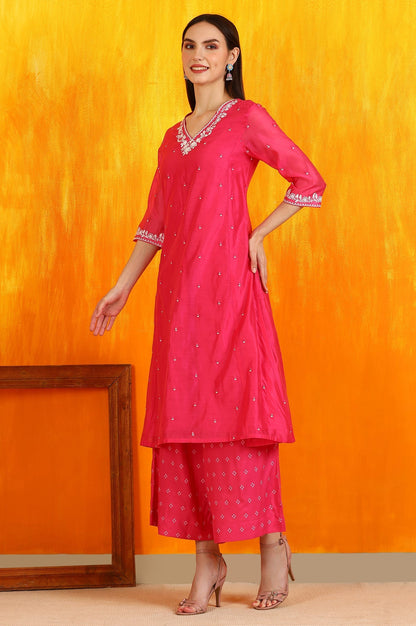 Pink Embroidered Chanderi Panelled Kurta, Cropped Pants and Dupatta Set_4