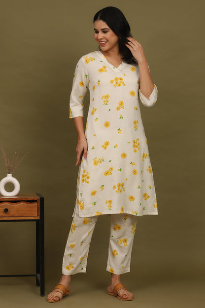 Off-White Floral Printed Rayon Flax Straight Kurta and Pants Co-ord Set