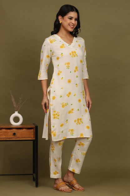 Off-White Floral Printed Rayon Flax Straight Kurta and Pants Co-ord Set