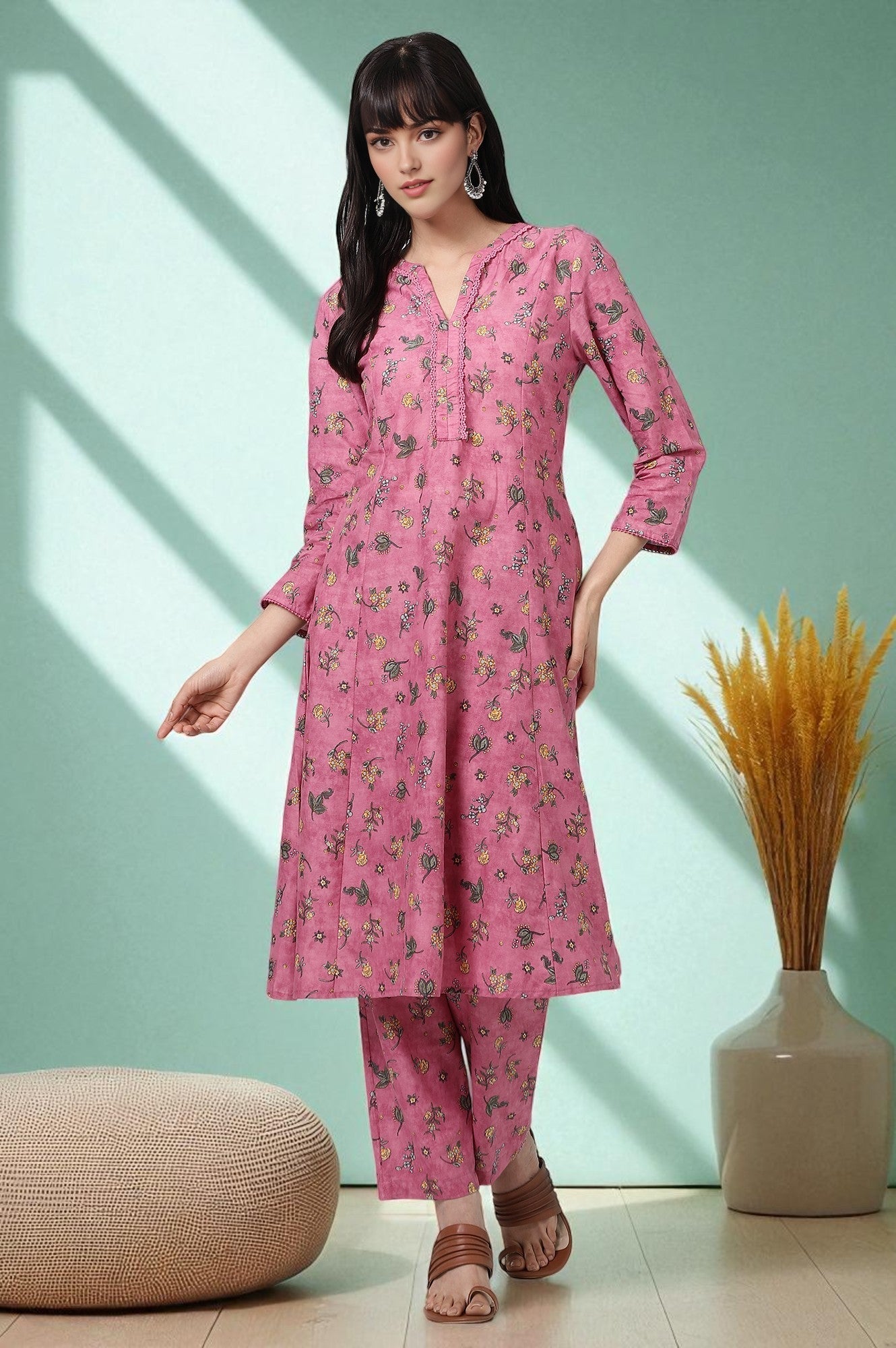 Pink Floral Printed Pure Cotton A-line Kurta and Pants Co-ord Set