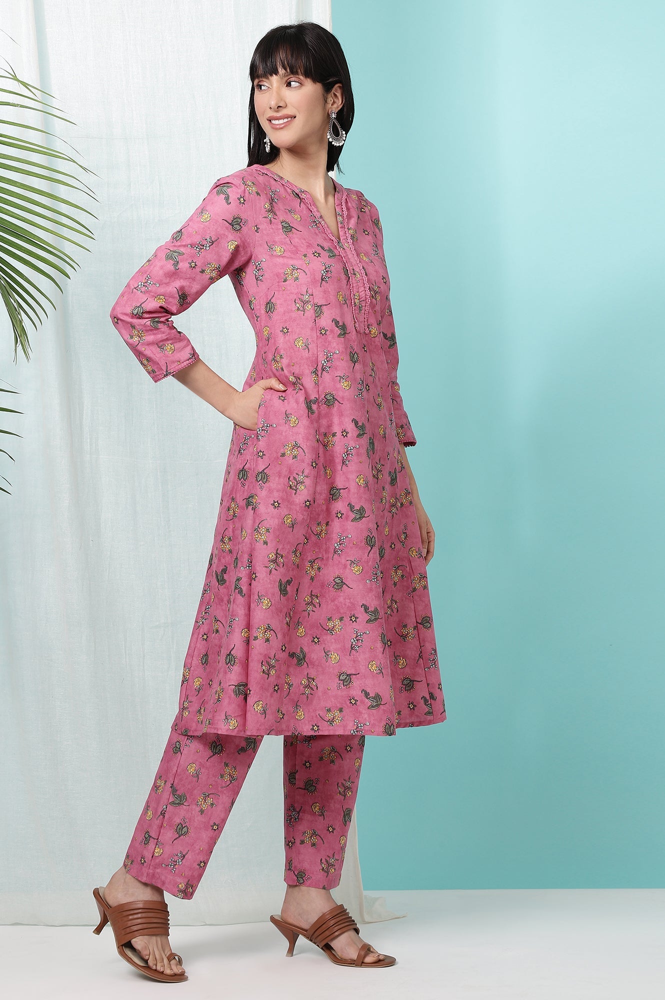 Pink Floral Printed Pure Cotton A-line Kurta and Pants Co-ord Set