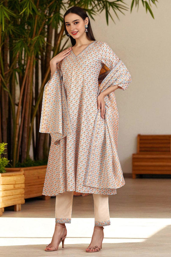 Off-White Floral Printed Pure Cotton Flared Kurta, Pants and Dupatta Set