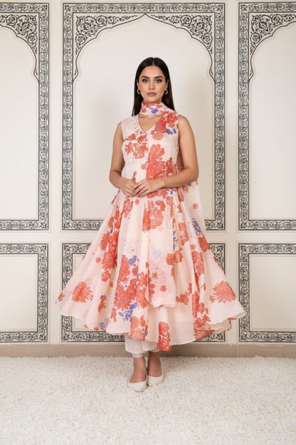 Peach Floral Printed Flared Chanderi Kurta with Straight Pant and Dupatta Set
