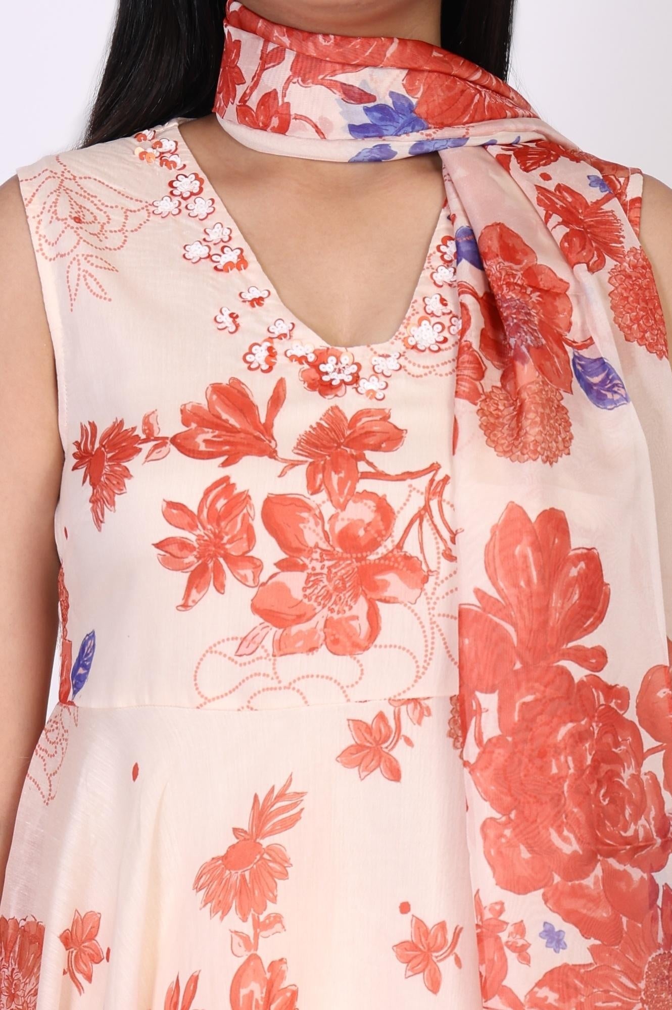 Peach Floral Printed Flared Chanderi Kurta with Straight Pant and Dupatta Set