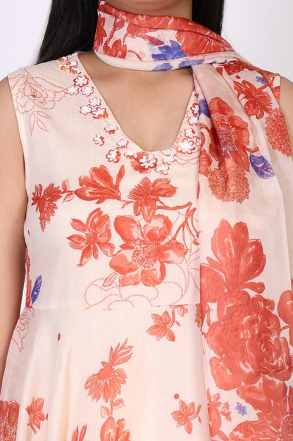 Peach Floral Printed Flared Chanderi Kurta with Straight Pant and Dupatta Set