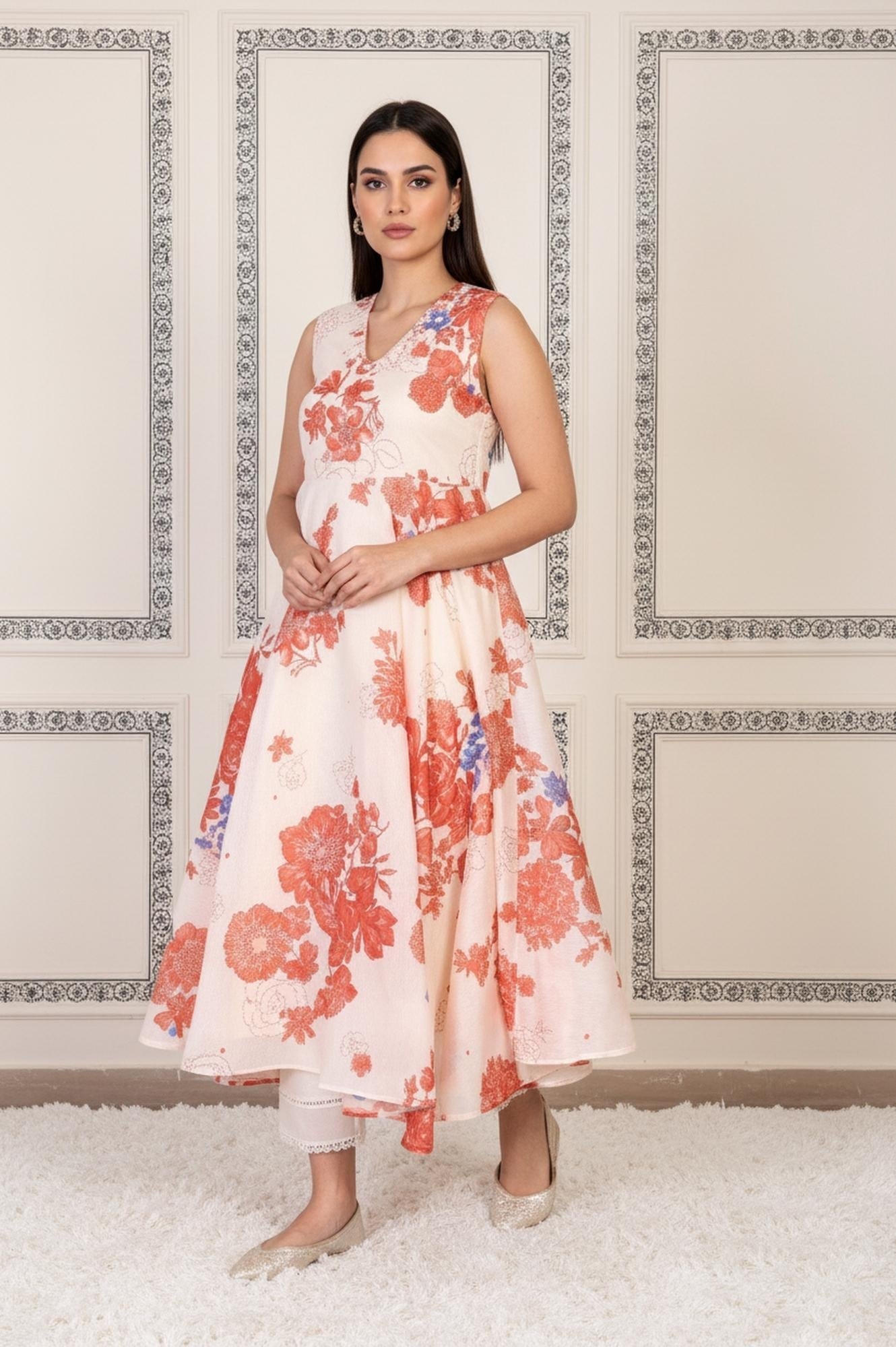 Peach Floral Printed Flared Chanderi Kurta with Straight Pant and Dupatta Set