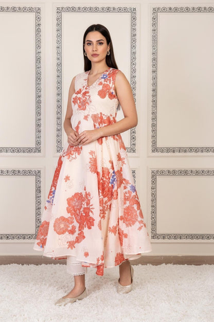 Peach Floral Printed Flared Chanderi Kurta with Straight Pant and Dupatta Set