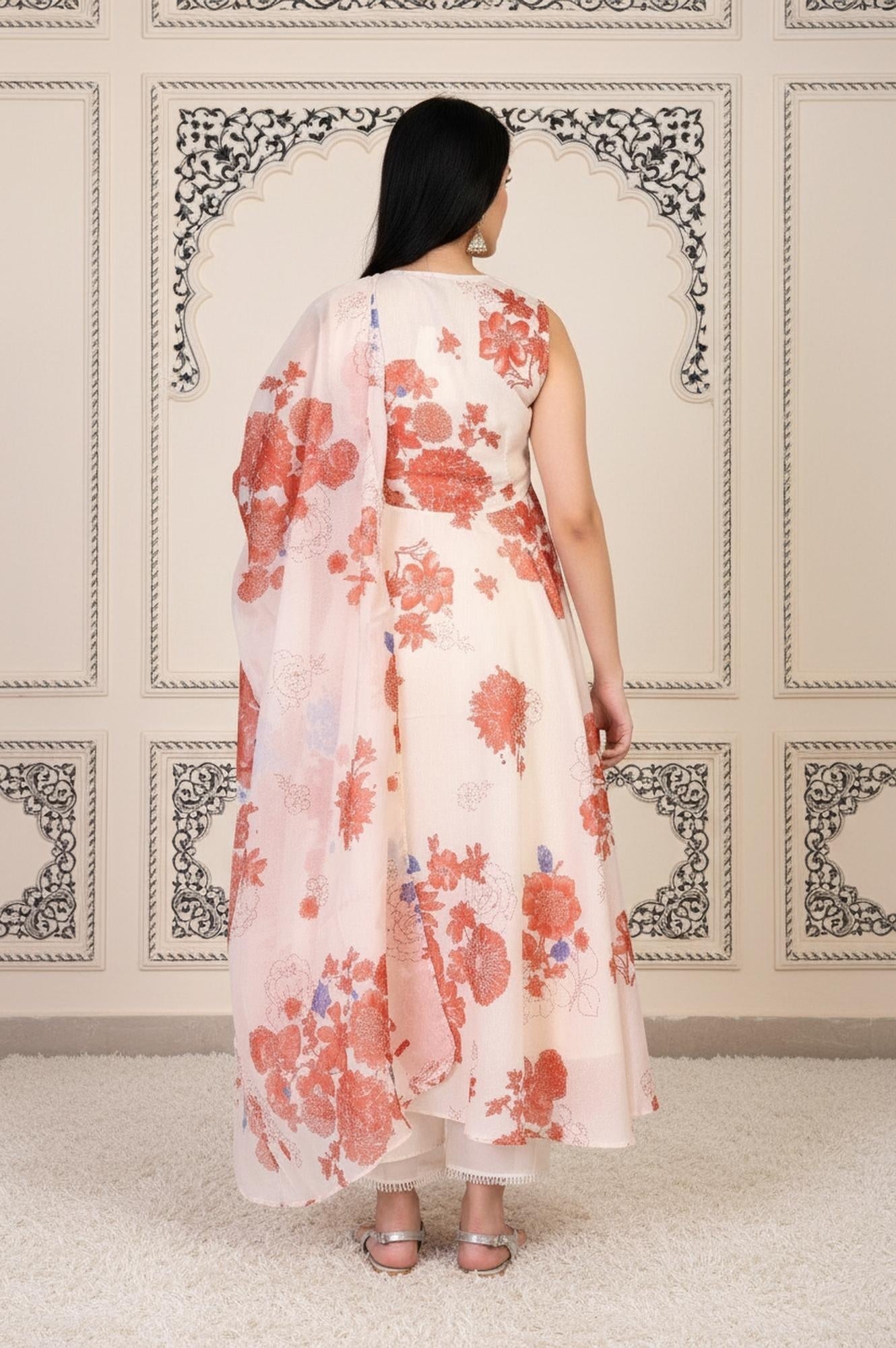 Peach Floral Printed Flared Chanderi Kurta with Straight Pant and Dupatta Set