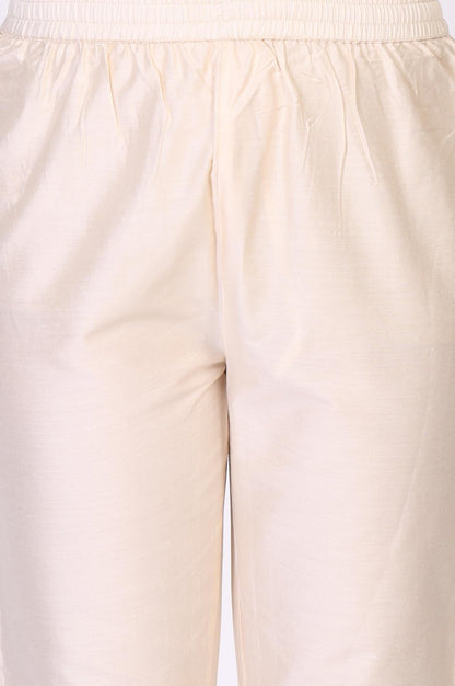 Peach Floral Printed Flared Chanderi Kurta with Straight Pant and Dupatta Set