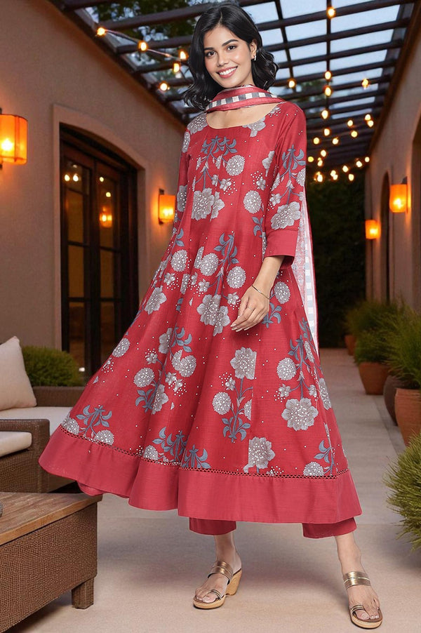 Garnet Red Printed Pure Cotton Flared Kurta, Straight Pant and Dupatta Set