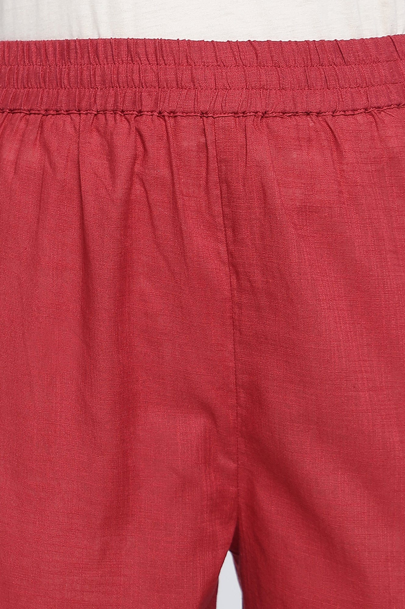 Garnet Red Printed Pure Cotton Flared Kurta, Straight Pant and Dupatta Set